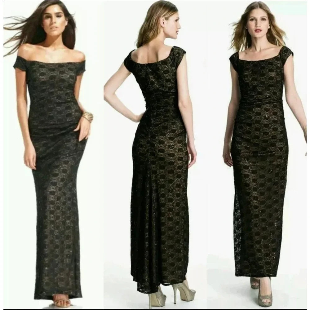 Alex Evenings Black lace Sequin Cap Sleeve Off /On Shoulder Gown dress formal 14